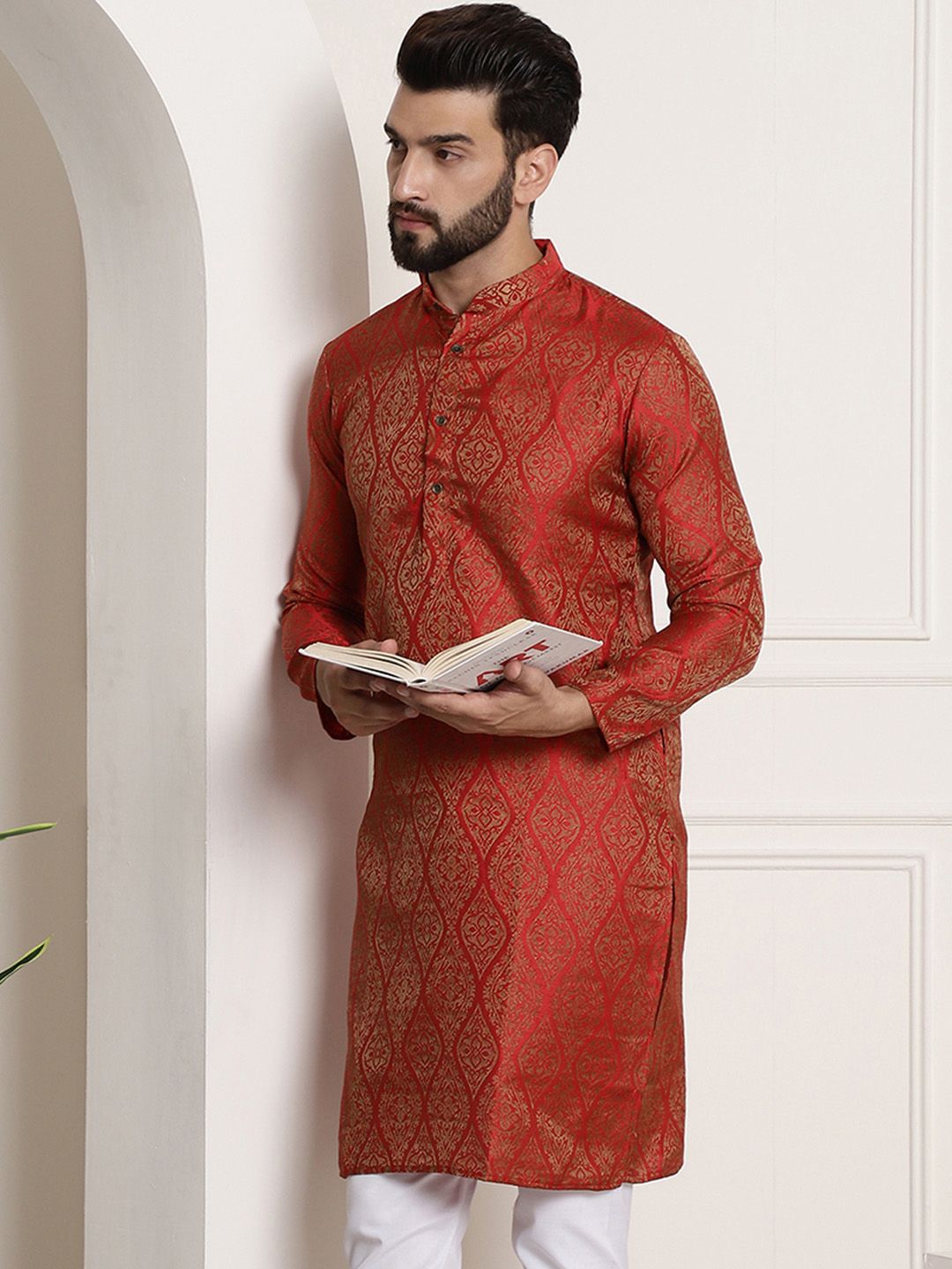 SOJANYA Ethnic Motifs Woven Design Band Collar Straight Kurta