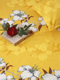 KLOTTHE Yellow & White Printed 300 TC Fitted Double King Bedsheet With 2 Pillow Covers