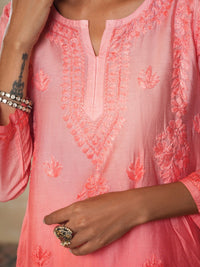 House of Chikankari Women Peach Chanderi Chikankari Embroidered Kurti