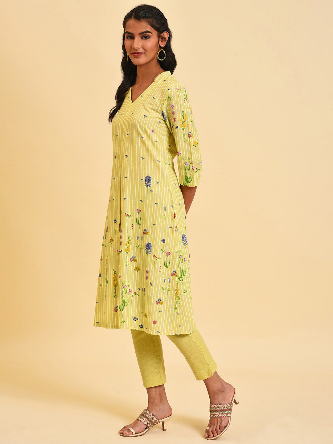 W Floral Printed Band Collar Kurta with Trousers