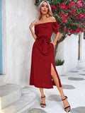 DressBerry Off-Shoulder A-Line Belted Midi Dress with Slit