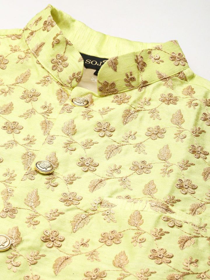 SOJANYA Men Golden & Lime Green Kurta with Churidar & Nehru Jacket