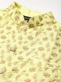 SOJANYA Men Golden & Lime Green Kurta with Churidar & Nehru Jacket