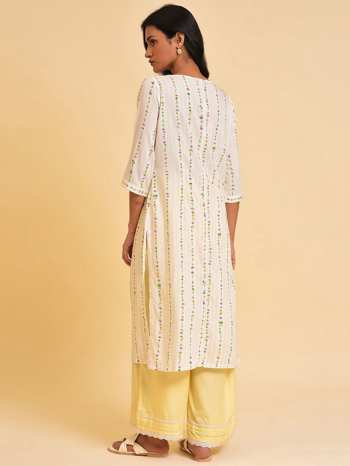 W White & Pink Lace Floral Printed Straight Kurta