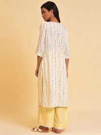 W White & Pink Lace Floral Printed Straight Kurta