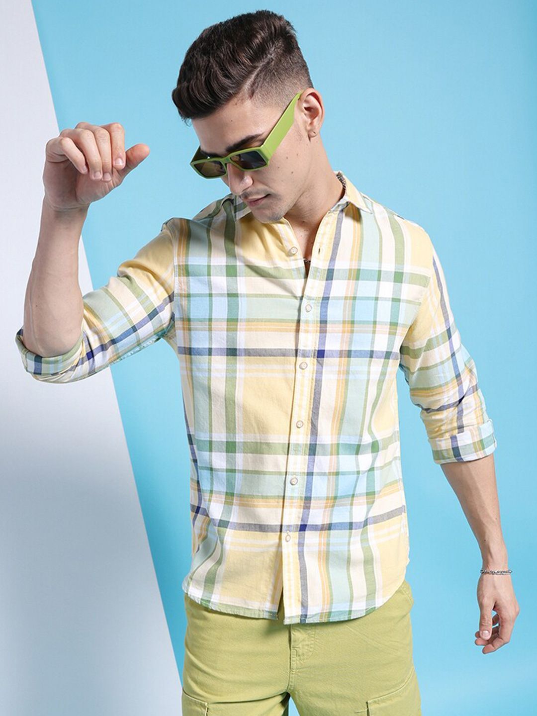 The Indian Garage Co Slim Fit Tartan Checked Pure Cotton Twill Casual Shirt