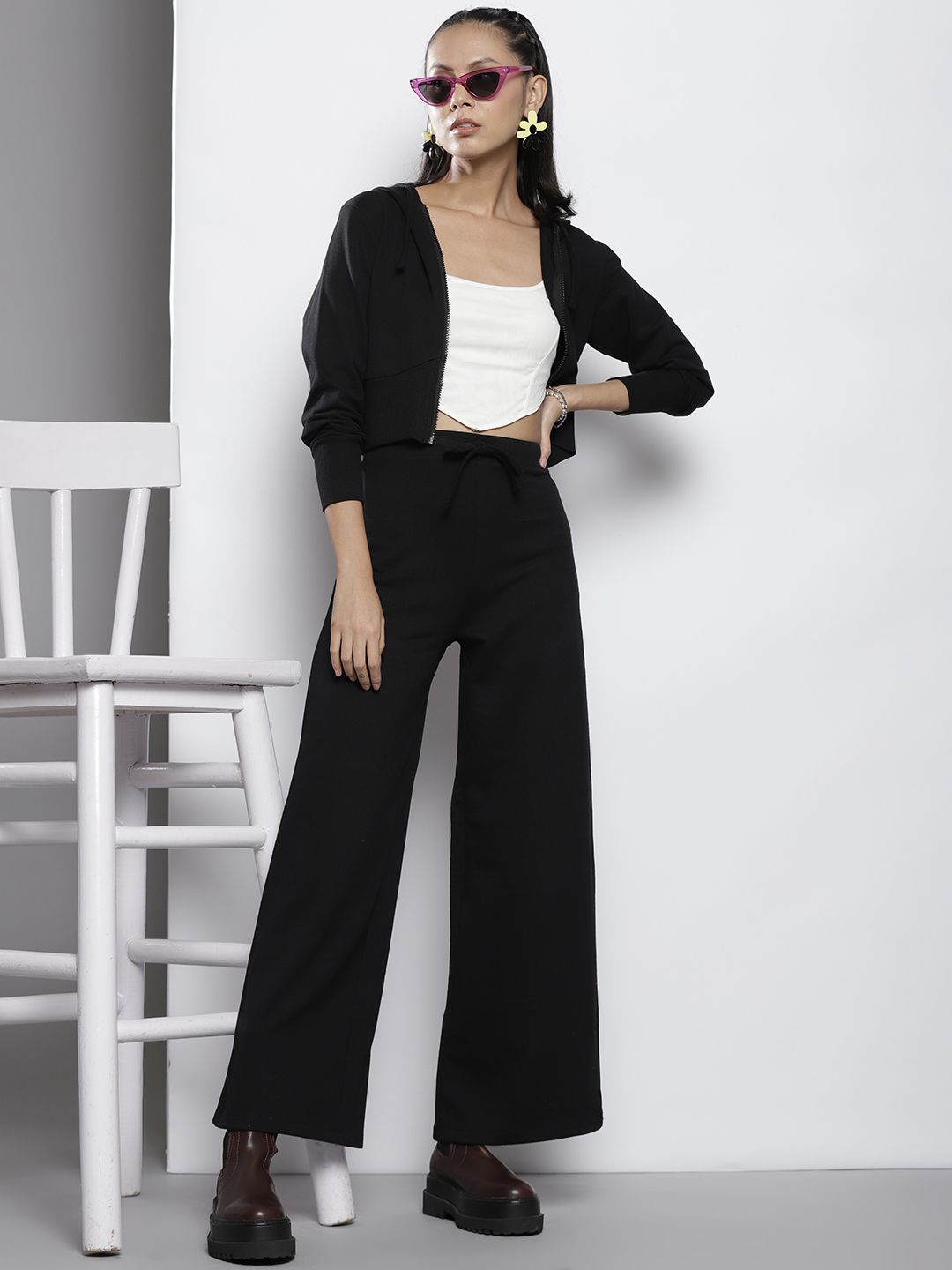 SASSAFRAS Women Black Solid Hooded Jacket with Track Pants