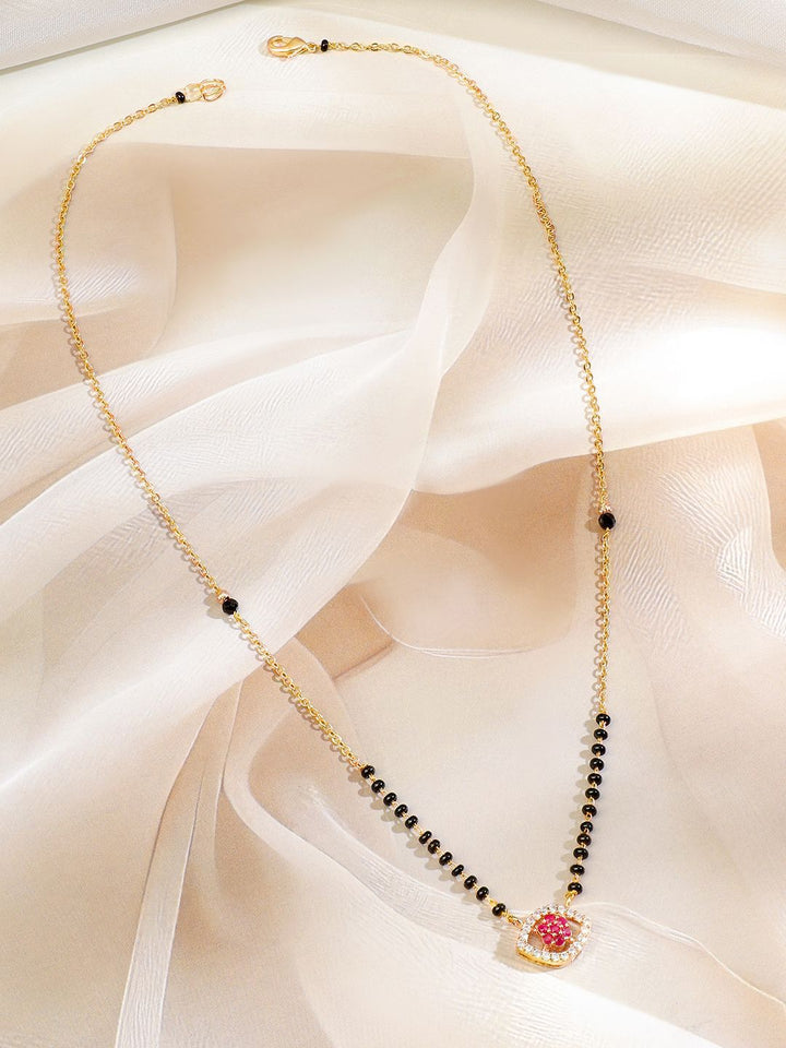 Rubans 18K Gold-Plated Ruby Pink & Cubic Zirconia Studded Black Beaded Mangalsutra Chain