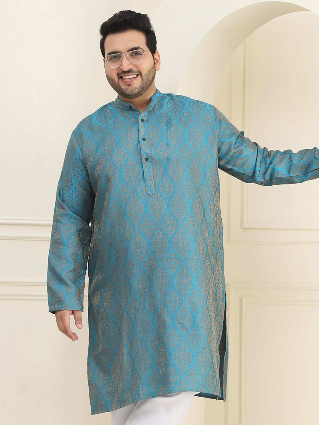 SOJANYA PLUS Men Teal Blue & Golden Ethnic Motifs Jacquard Kurta
