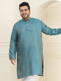 SOJANYA PLUS Men Teal Blue & Golden Ethnic Motifs Jacquard Kurta