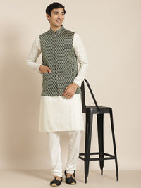 SOJANYA Men Cream-Coloured Chikankari Pure Cotton Kurta with Churidar & Nehrujacket
