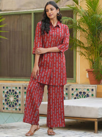 SANSKRUTIHOMES Red Printed Longline Pure Cotton Shirt with Lounge Pants