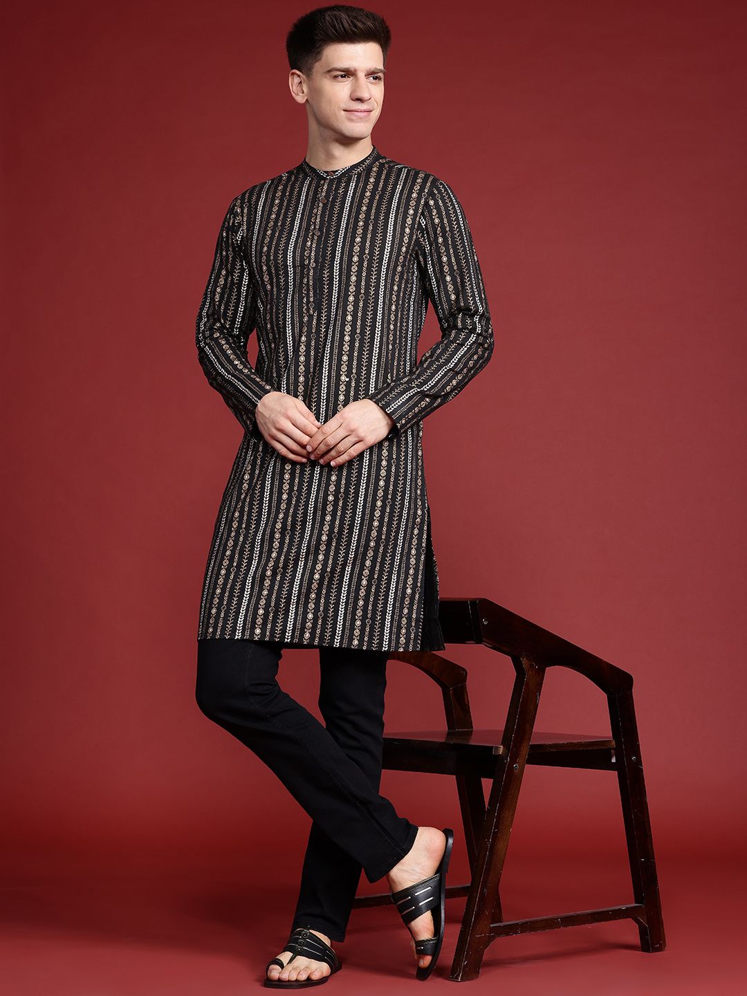 Anouk Foil Print Band Collar Kurta