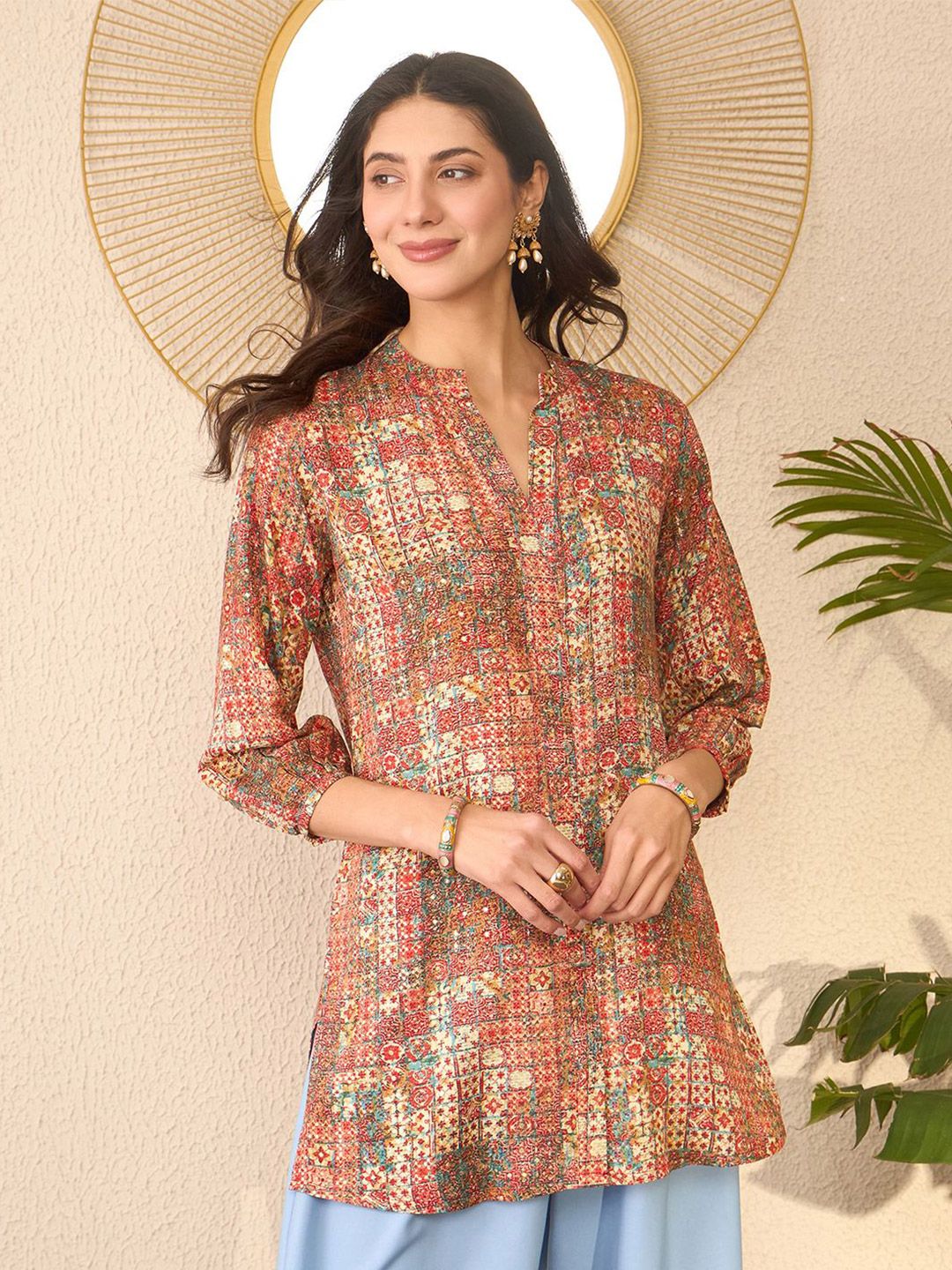 KALINI Print Mandarin Collar Top