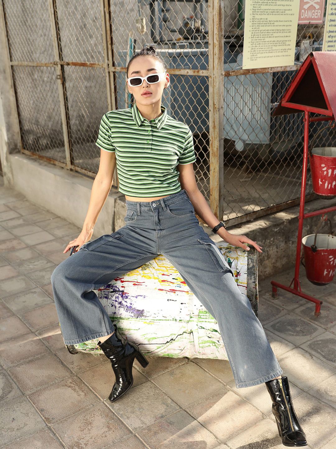 STREET 9 Green Striped Polo Collar Pure Cotton Crop T-shirt