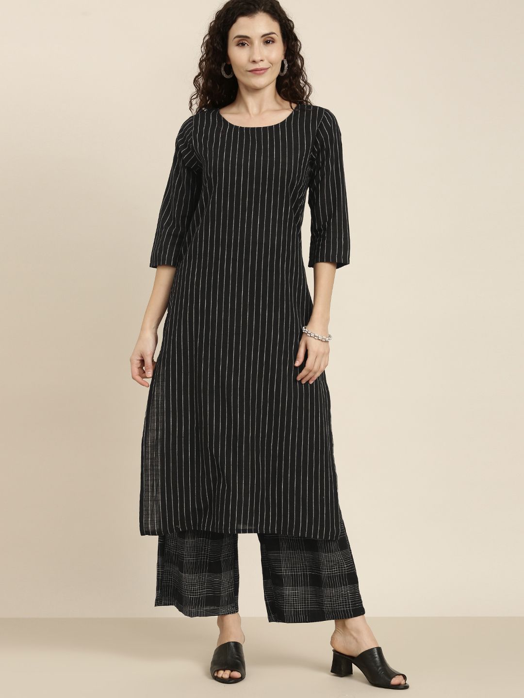 Vishudh Women Black & Off-White Striped Kurta with Palazzos