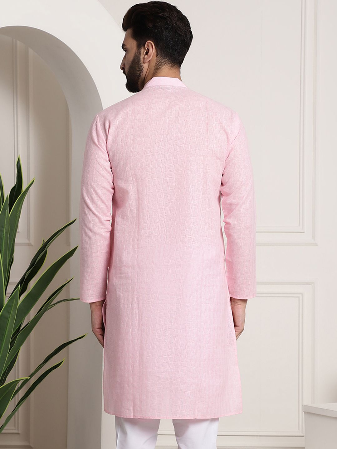 SOJANYA Men Pink Thread Work Dobby Kurta
