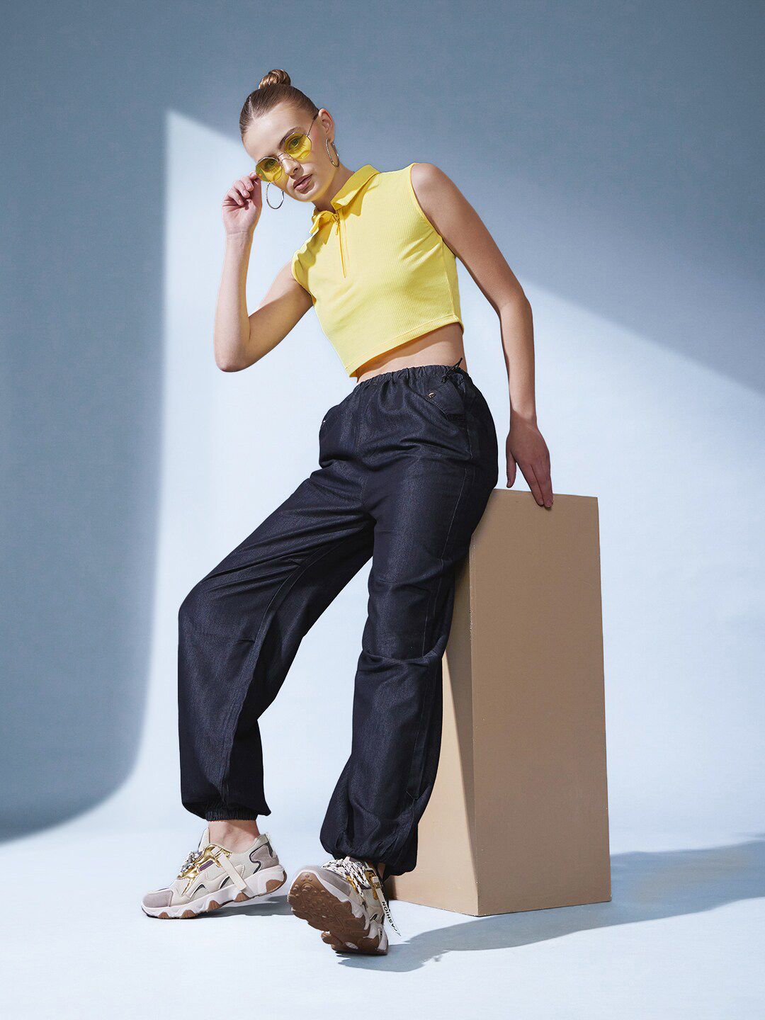 STREET 9 Yellow Polo Collar Slim Fit Crop T-shirt