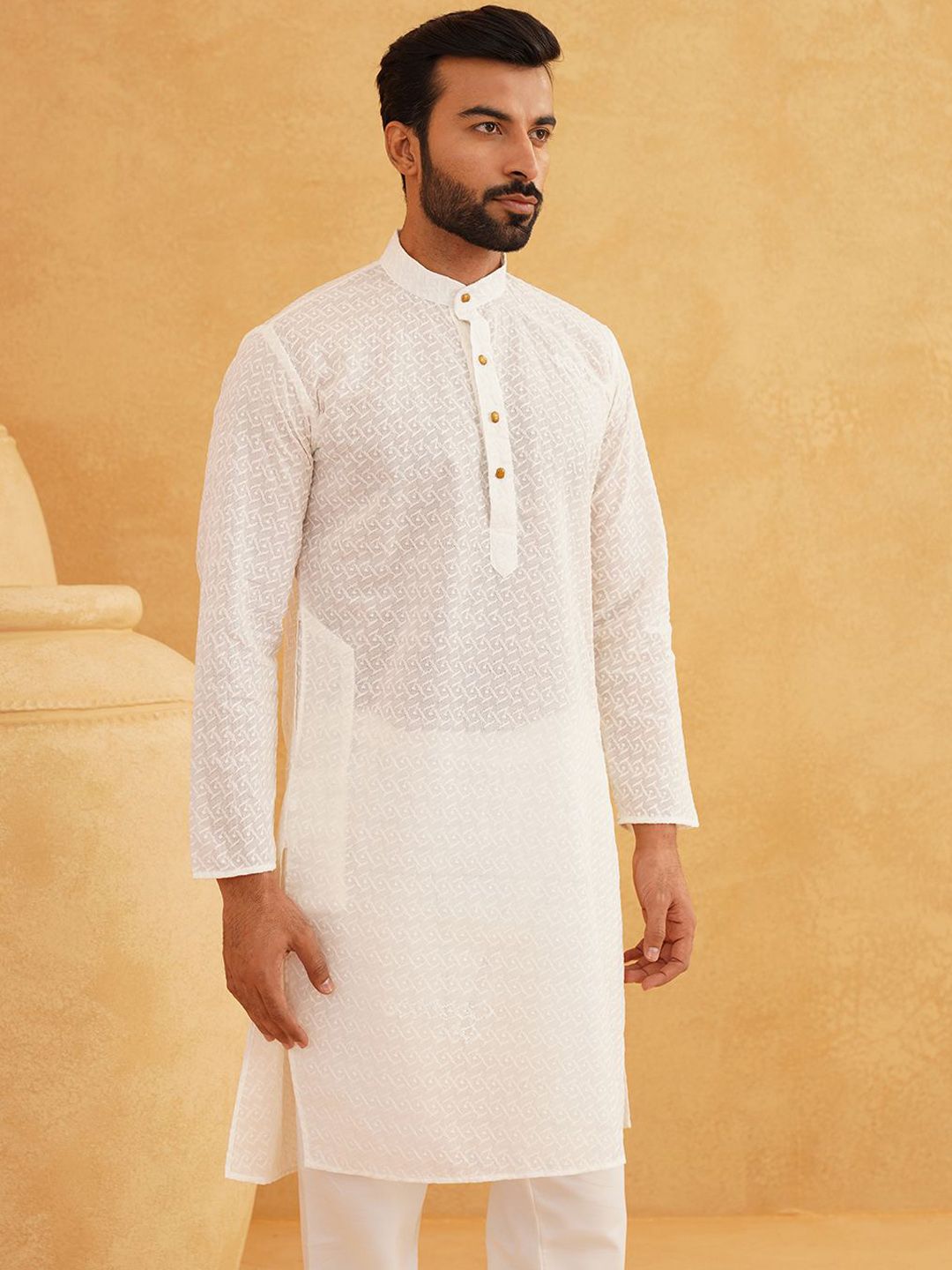 SOJANYA Motif Etnik Sulam Kolar Mandarin Benang Kerja Cotton Kurta With Churidar