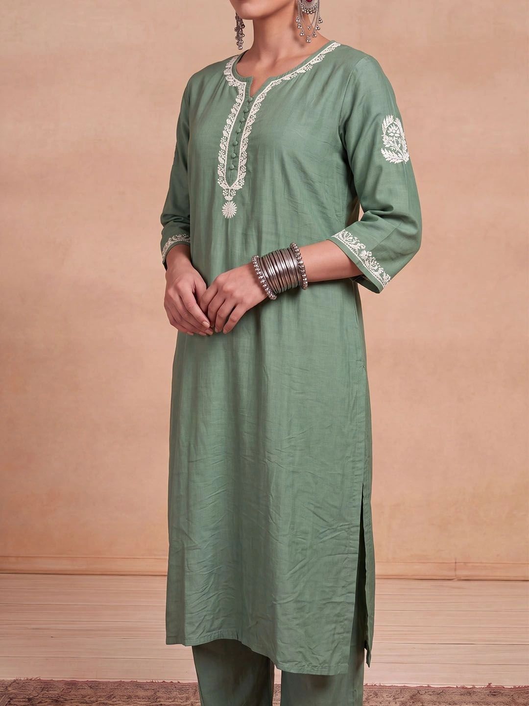 House of Chikankari Women Ethnic Motifs Embroidered Regular Thread Work Chanderi Silk Kurta with Trousers