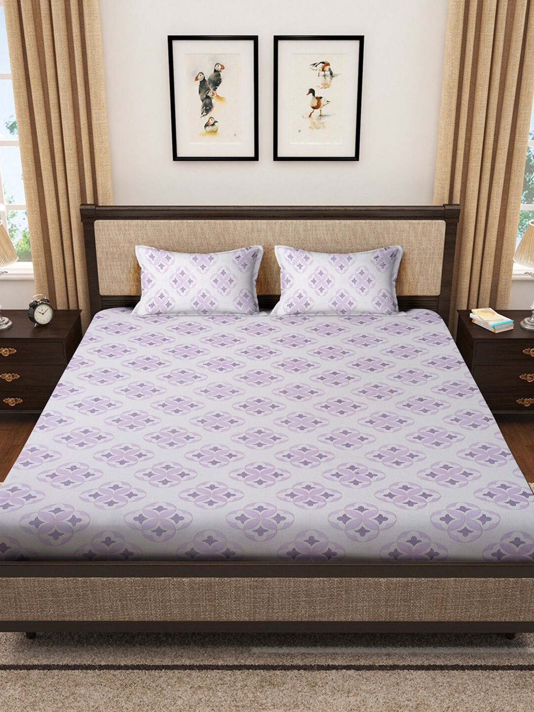 KLOTTHE Purple Floral Pure Cotton 400 TC King Superfine Bedsheet with 2 Pillow Covers-98 x 89 inches