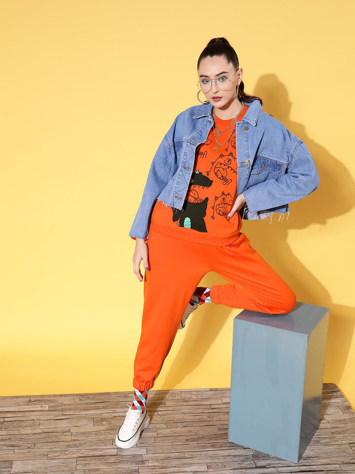 Sassafras Wanita Orange & Black Printed Sweatshirts dan Joggers