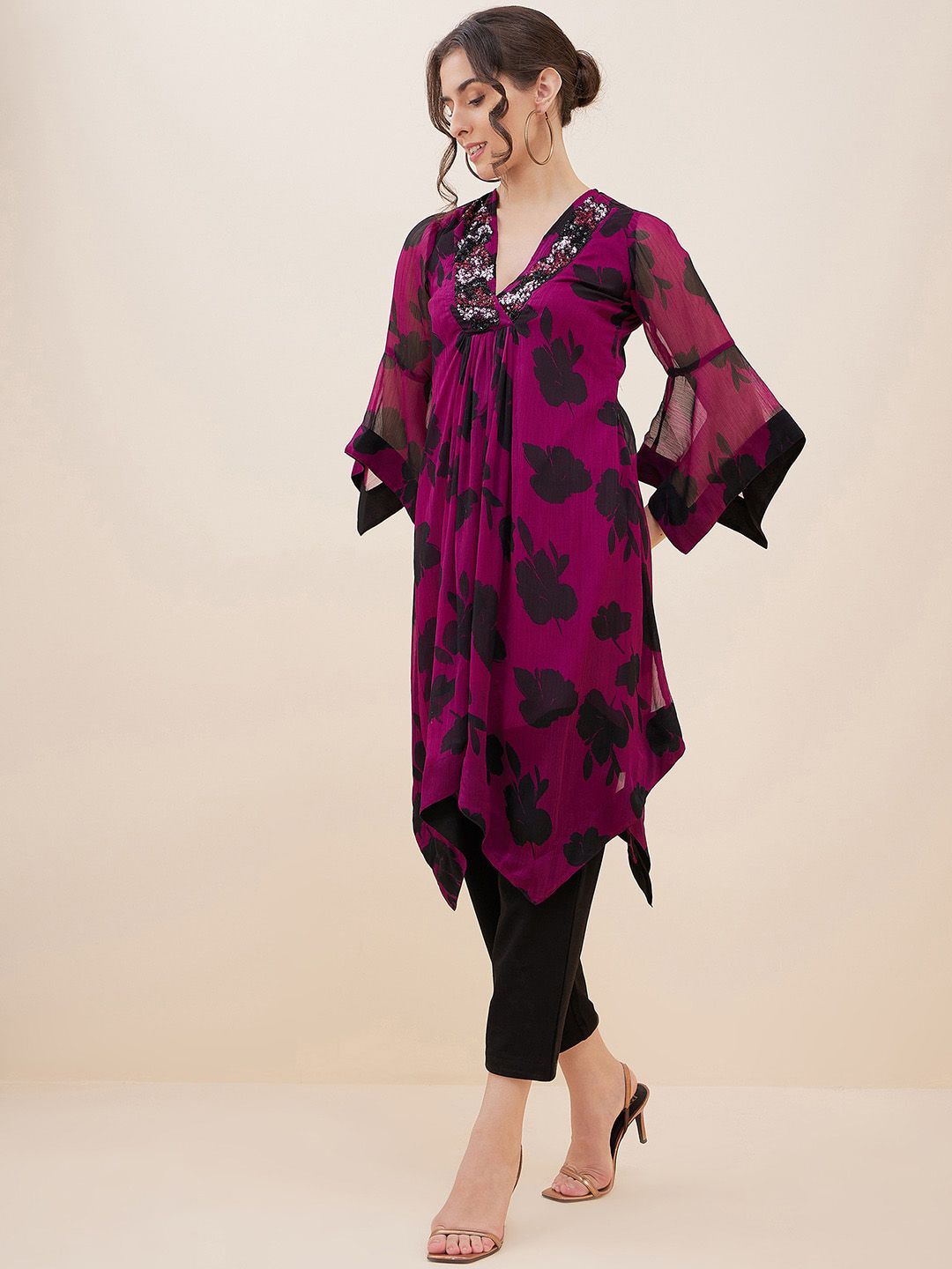 Antheaa Floral Printed Sequinned A-Line Top With Trousers
