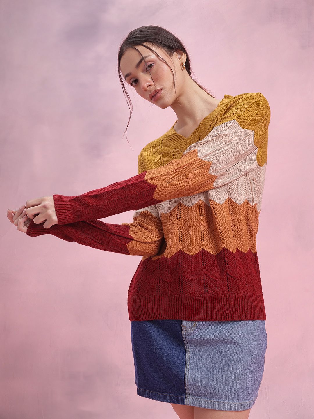 DressBerry Colourblocked Open Knit Pullover