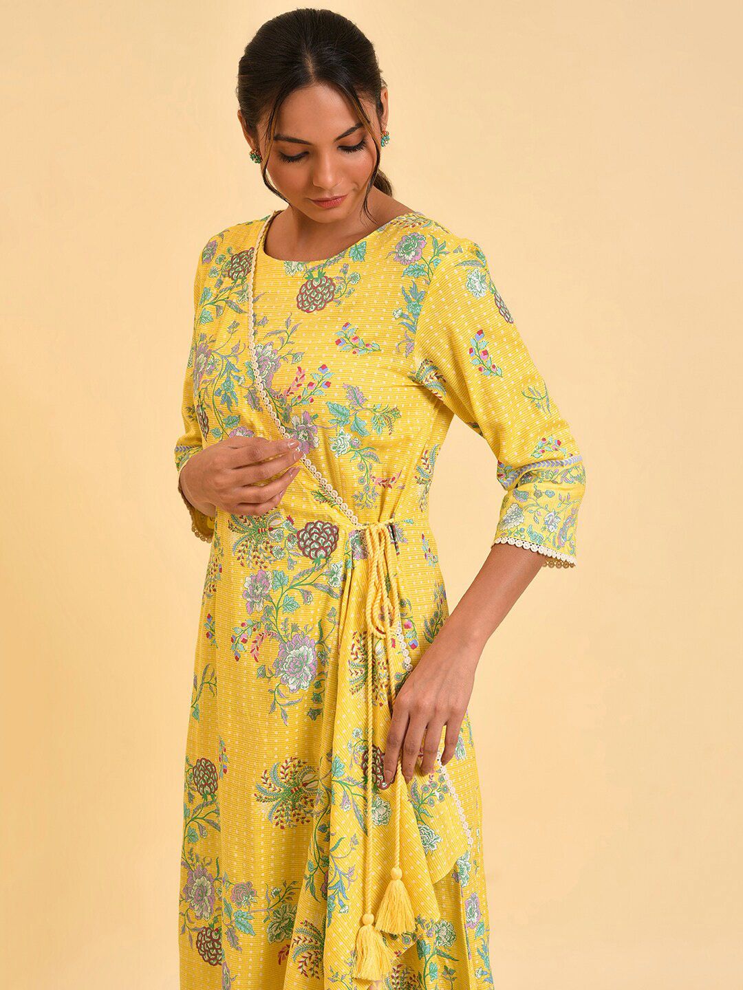W Yellow & Green Floral Printed Culotte Jumpsuit
