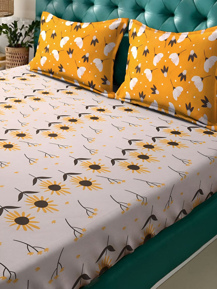 KLOTTHE Peach & Yellow Floral 300 TC Fitted Double King Bedsheet With 2 Pillow Covers