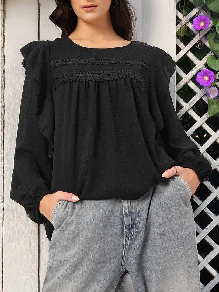 DressBerry Muted Melodies Dobby Weave Lace Inserts Ruffled Top