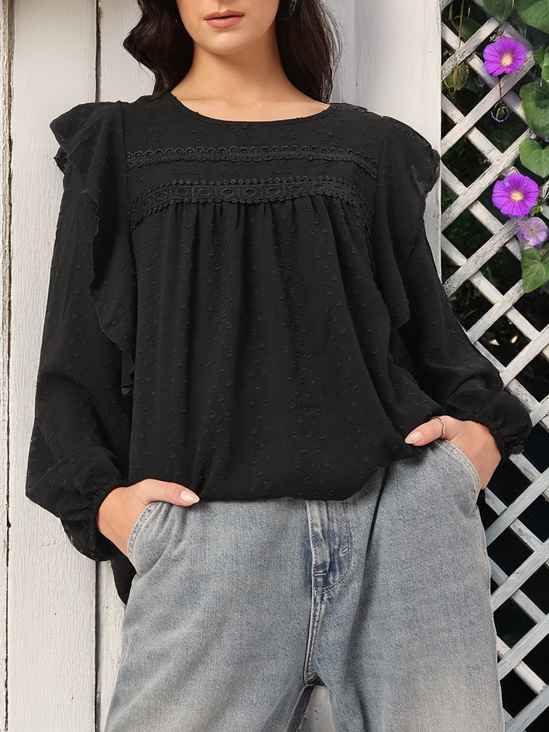 DressBerry Muted Melodies Dobby Weave Lace Inserts Ruffled Top