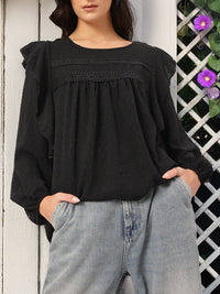 DressBerry Muted Melodies Dobby Weave Lace Inserts Ruffled Top