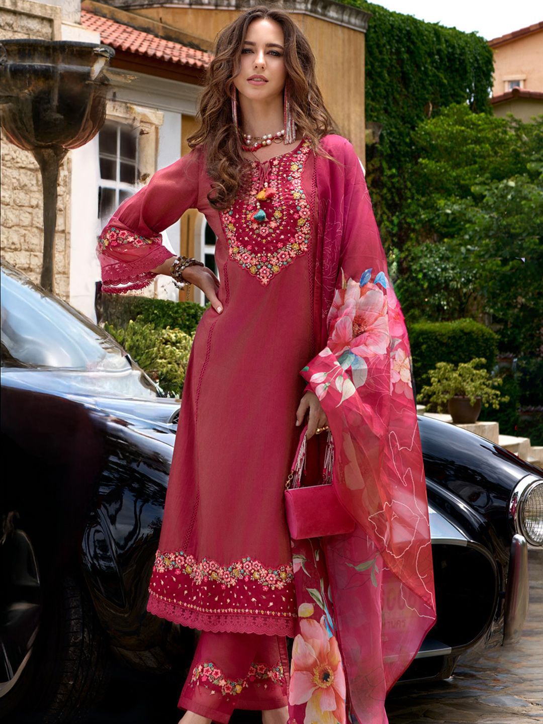 Indo Era Floral Embroidered Thread Work Kurta with Trousers & Dupatta