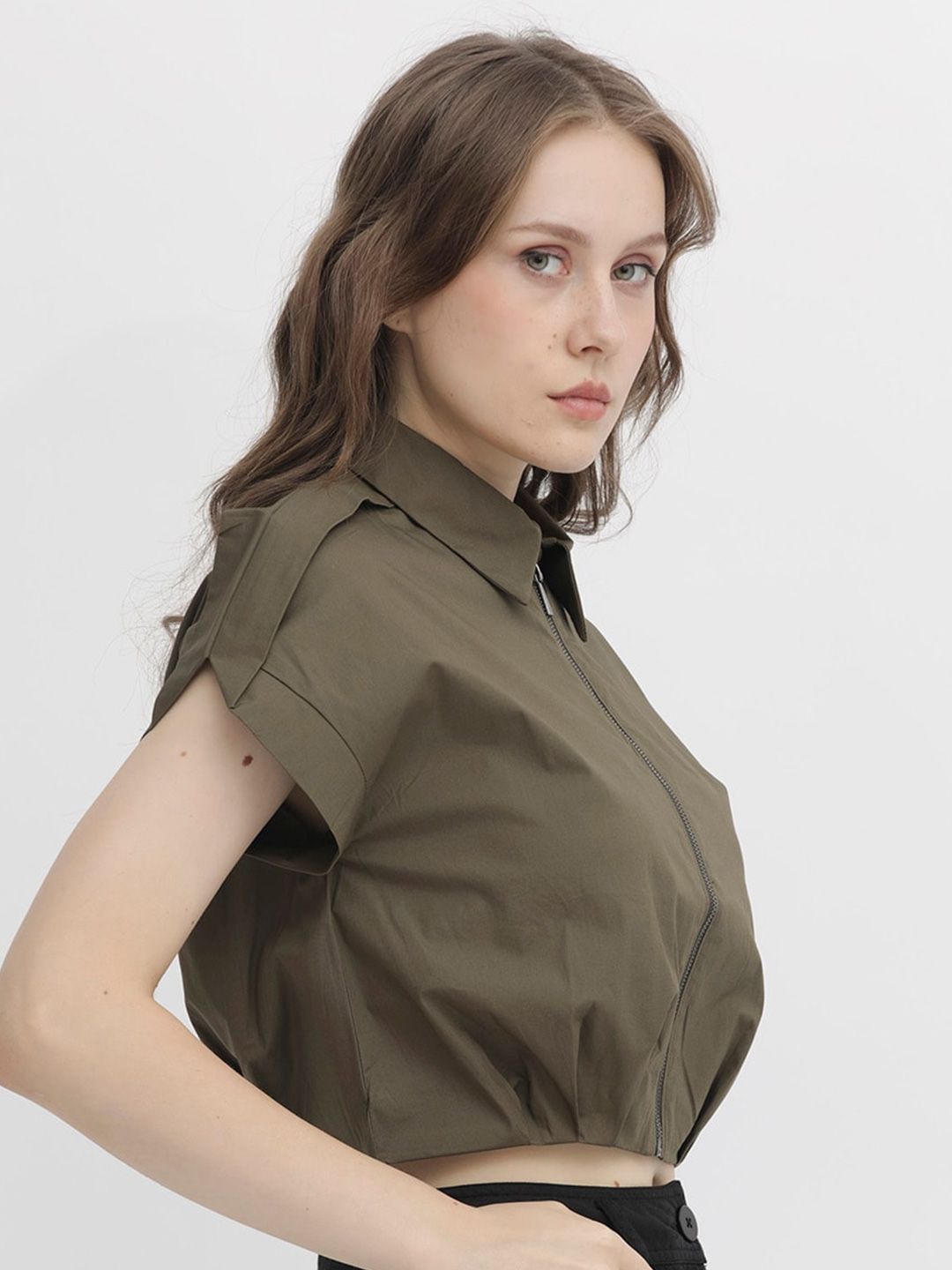 RAREISM Shirt Collar Extended Sleeves Crop Shirt Style Cotton Top