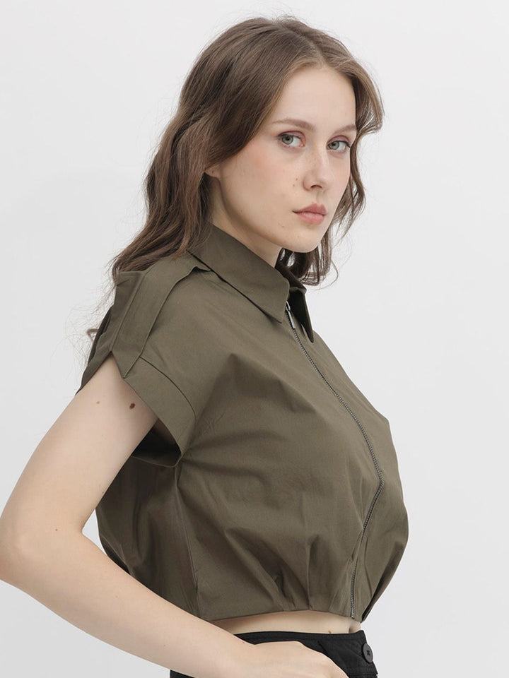 RAREISM Shirt Collar Extended Sleeves Crop Shirt Style Cotton Top
