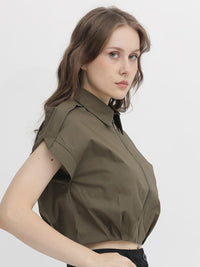 RAREISM Shirt Collar Extended Sleeves Crop Shirt Style Cotton Top