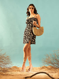 Berrylush Black Animal Printed Shoulder Straps Empire Mini Dress