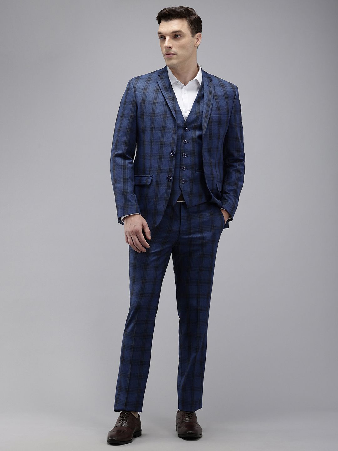 Park Avenue Super Slim Fit Checked Single Breasted 3-Piece Formal Suit