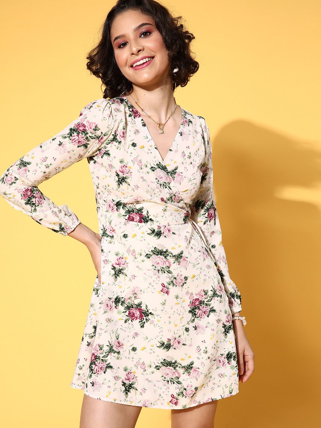Berrylush Beige Floral Crepe Dress