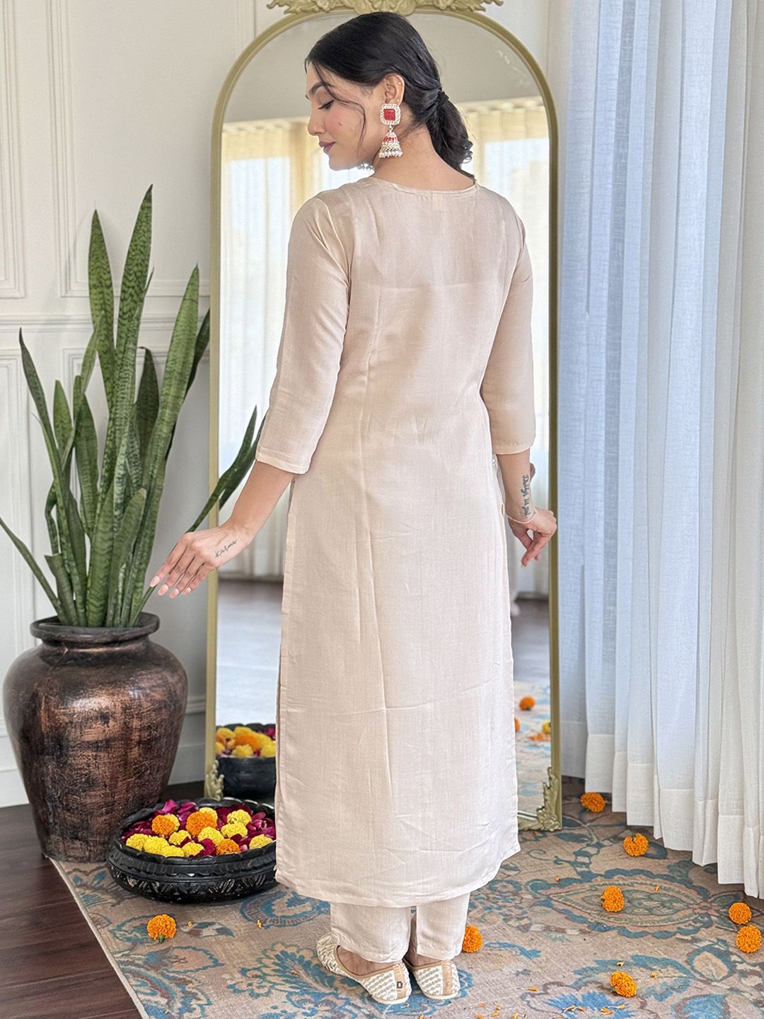 KALINI Floral Embroidered Sequnnied Straight Kurta With Trousers And Dupatta