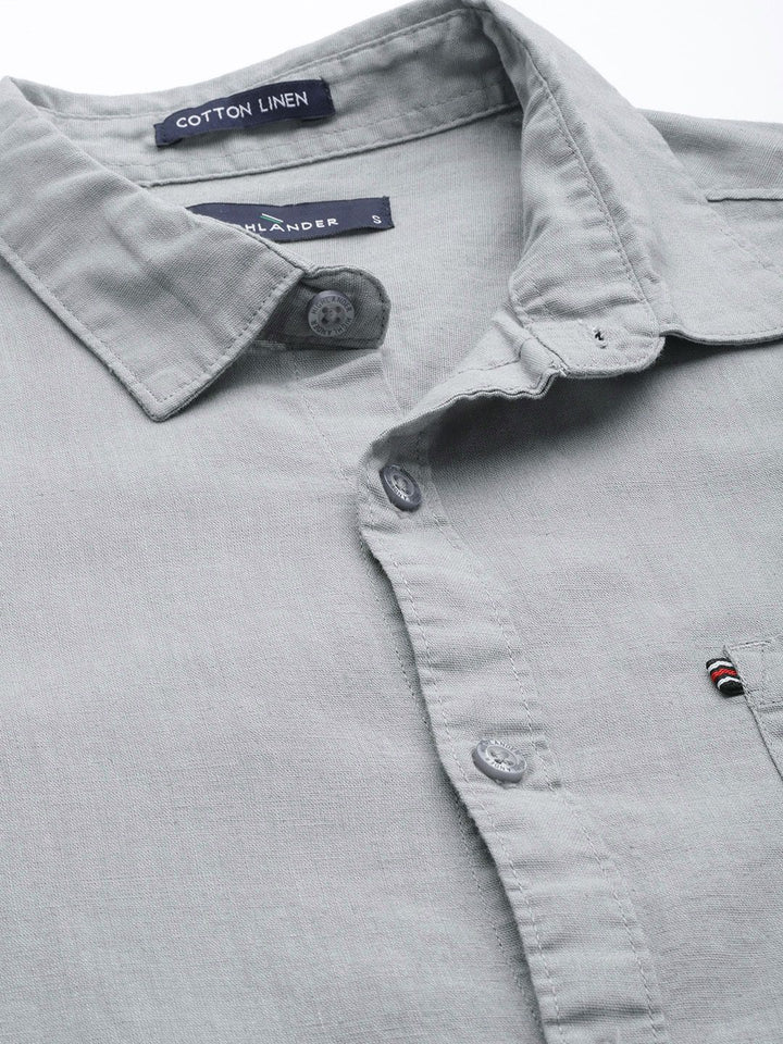 HIGHLANDER Men Grey Cotton Linen Solid Slim Fit Casual Shirt