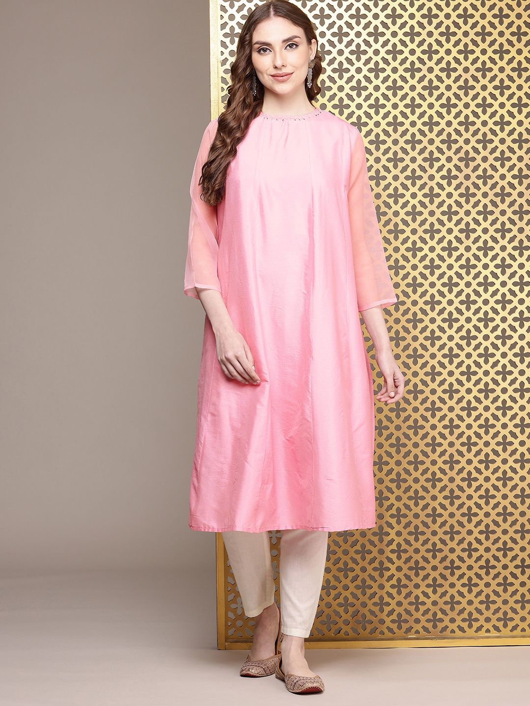 House of Pataudi Three-Quarter Sleeves Round Neck A-Line Rozana Kurta