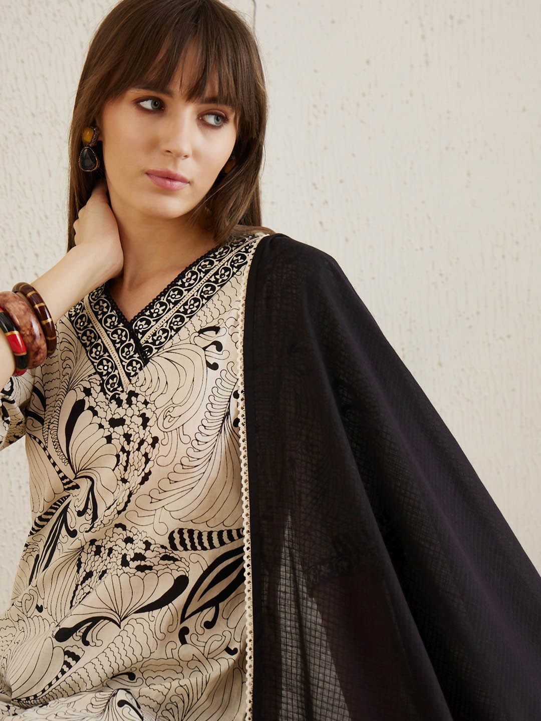 Indo Era Printed Regular Mirror Work Pure Cotton Kurta with Trousers & Dupatta