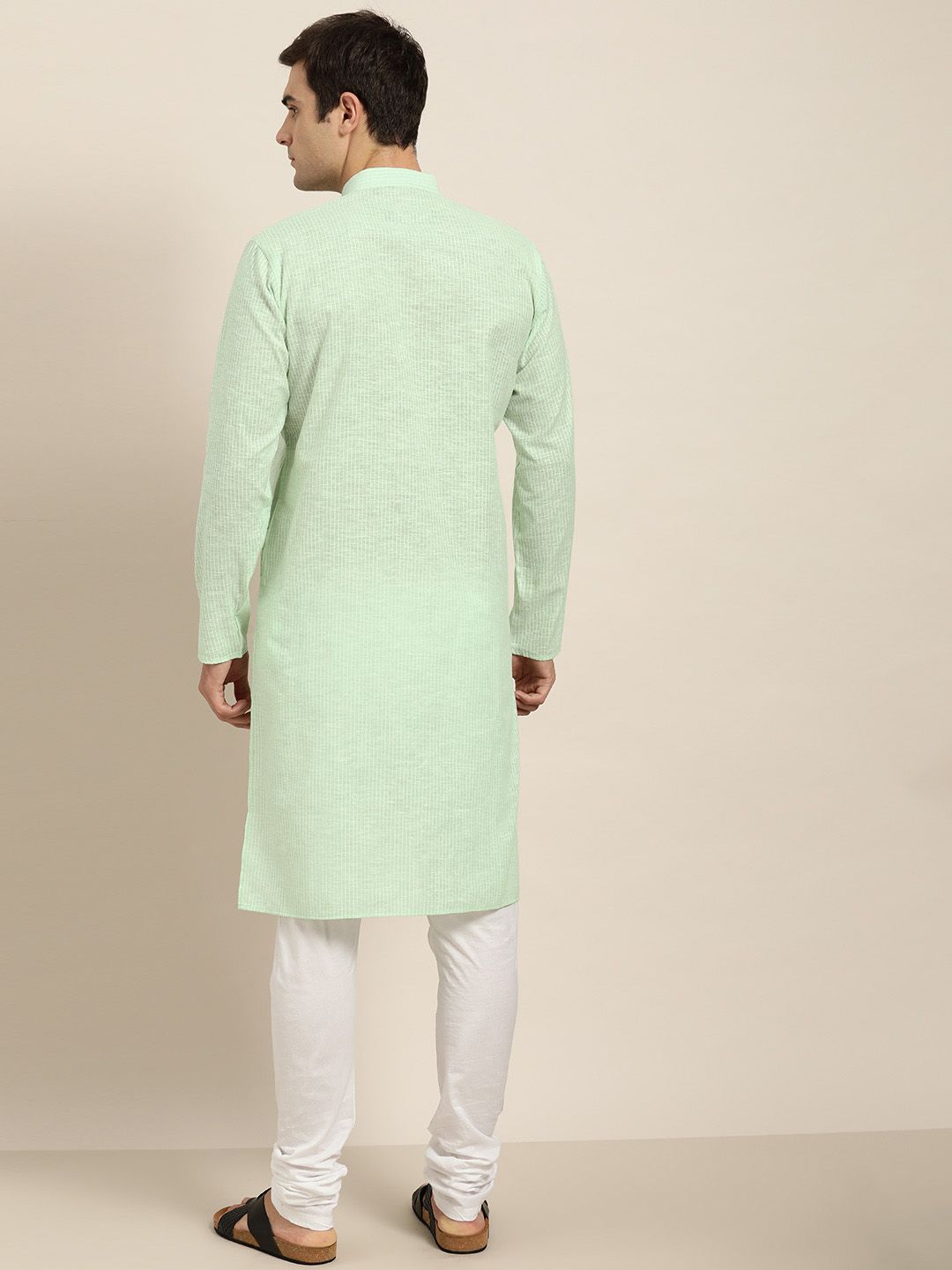 SOJANYA Men Sea Green & White Striped Straight Kurta