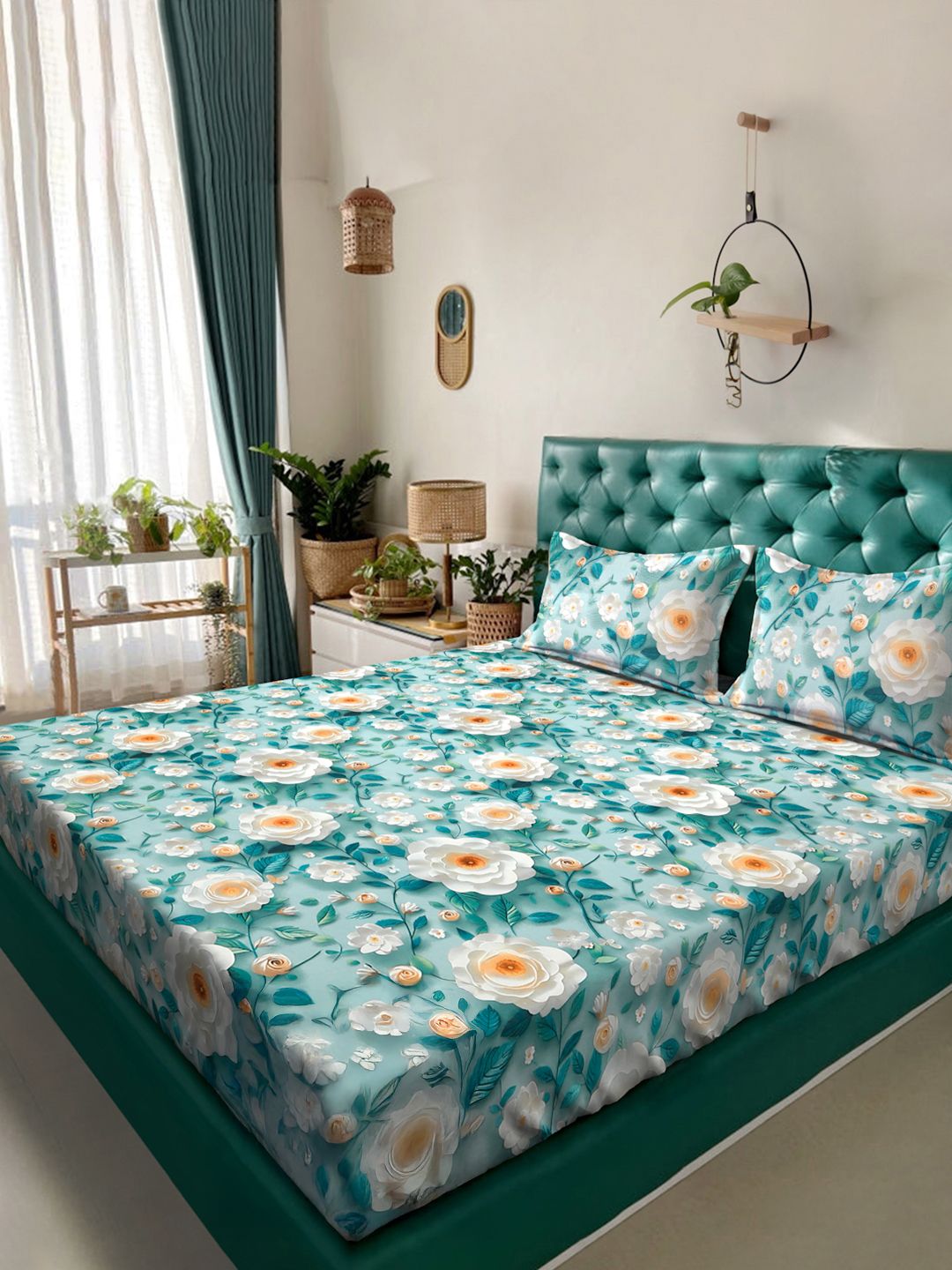 KLOTTHE Turquoise Blue Floral Printed Dilengkapi 300 TC King 7D Cadar Dengan 2 Sarung Bantal