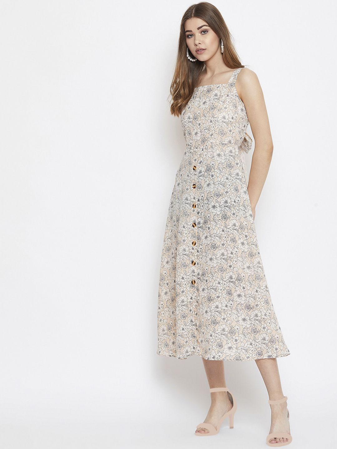 Berrylush Women Beige Printed A-Line Dress