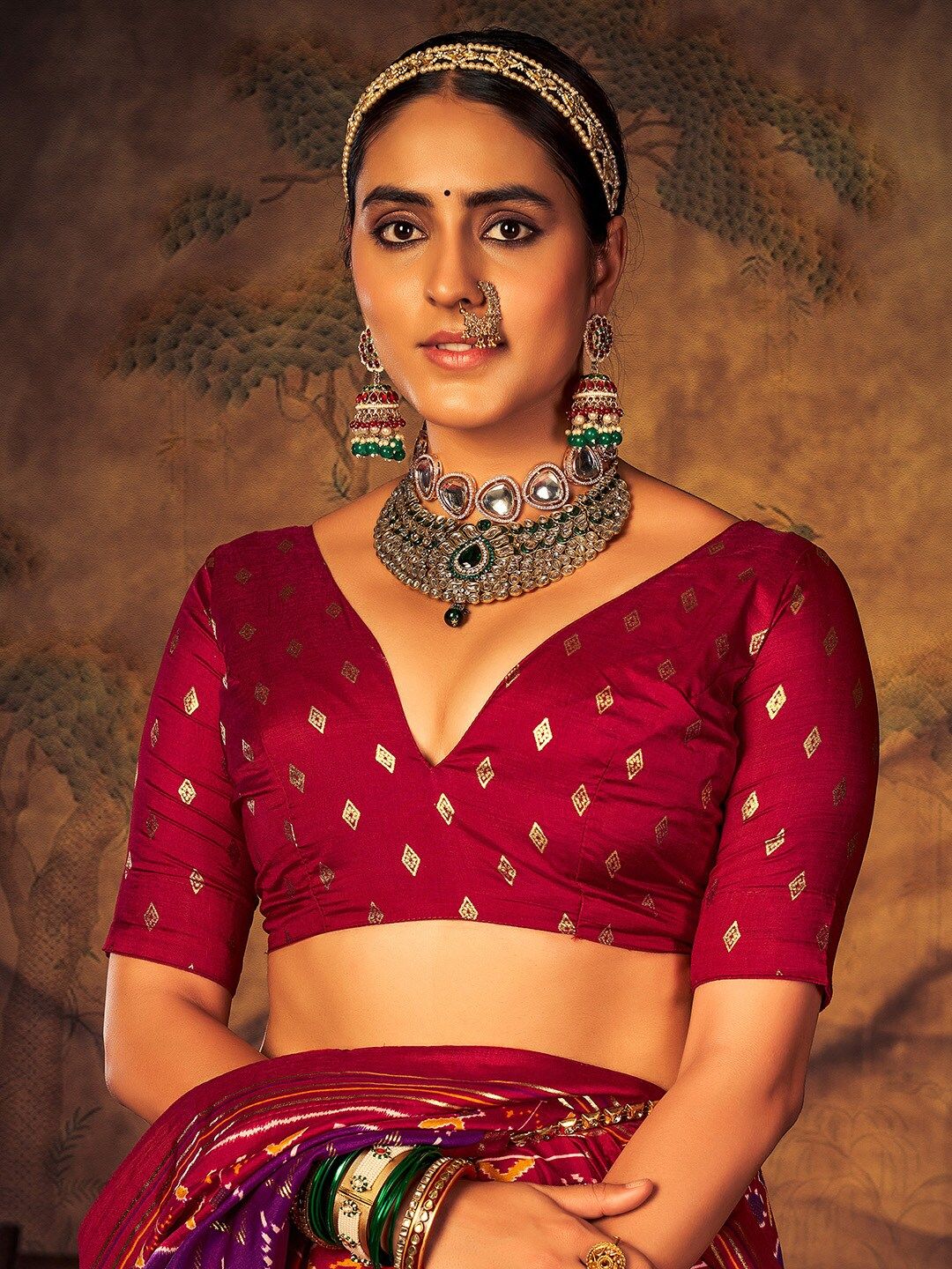 Saree mall Purple & Red Ethnic Motifs Printed Patola Saree