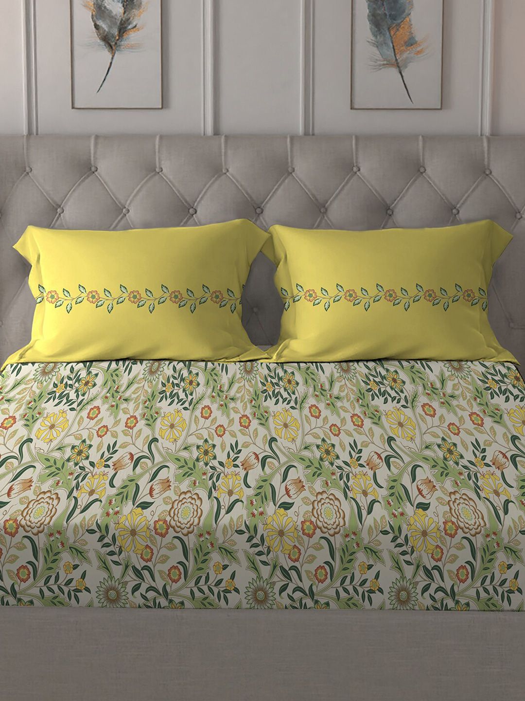 MYTRIDENT Beige  White Floral Pure Cotton 144 TC Queen Bedsheet With 2 Pillow Covers