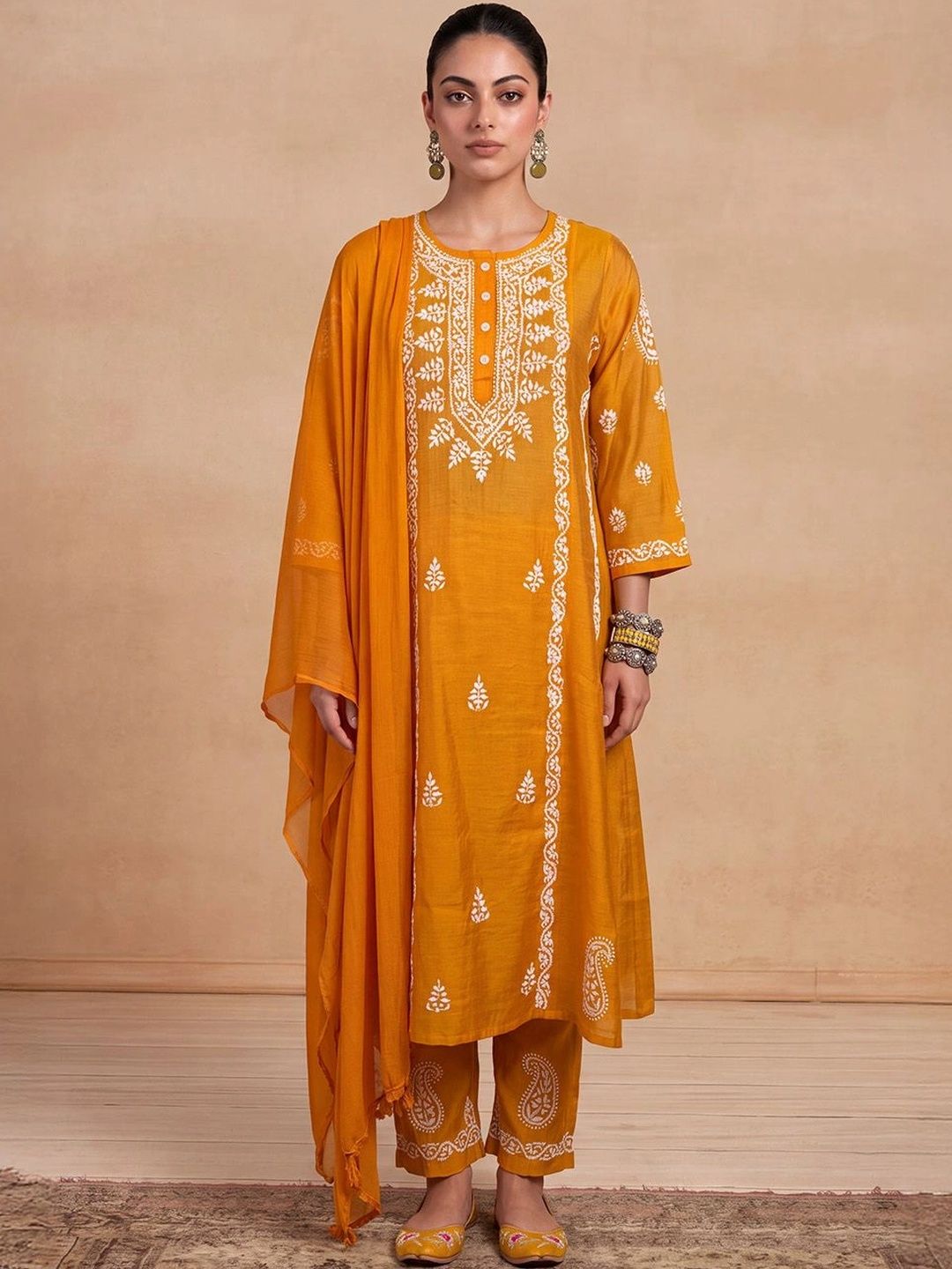 House of Chikankari Women Ethnic Motifs Embroidered Regular Thread Work Chanderi Silk Kurta with Trousers &